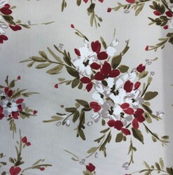Kumascihome - Keten Kumaş Kırmızı Çiçekli Şantuklu Keten