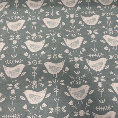 Pamuk Baskılı Keten Beyaz Kuş Desenli Kumaş - 1