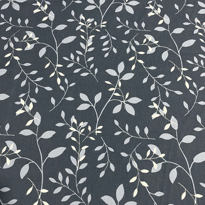 Pamuk Baskılı Keten Kumaş Lacivert Zemin Gri Yaprak - 1