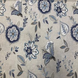 Pamuk Baskılı Keten Kumaş Mavi Çiçekler 1