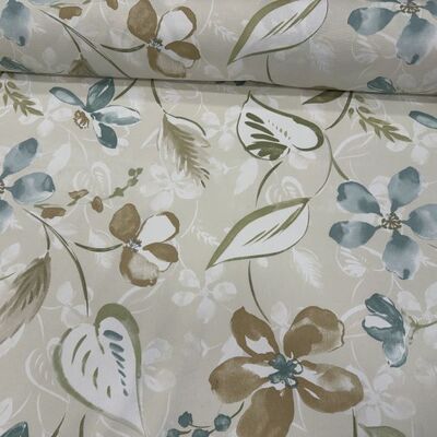 Pamuk Baskılı Keten Kumaş Mavi Yapraklar - 1