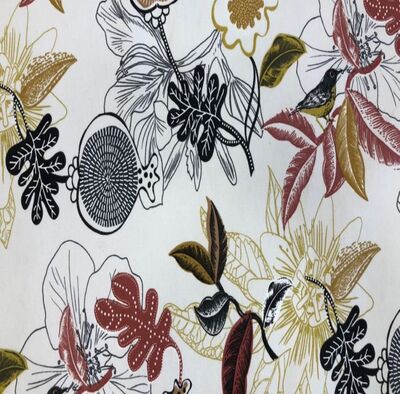 Pamuk Baskılı Keten Kuş Desenli Kumaş 08 - 1